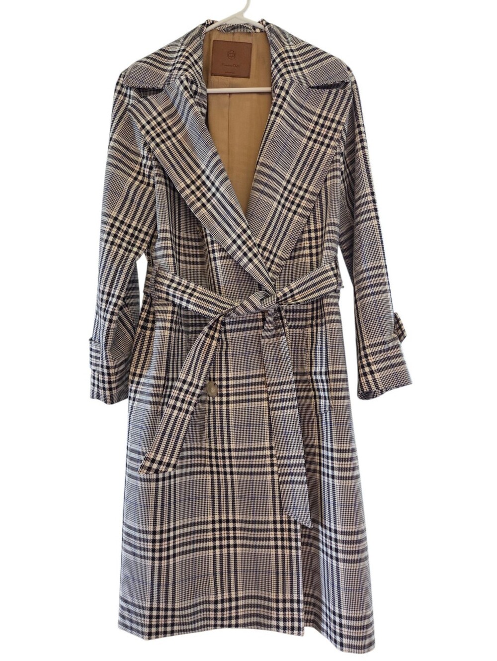 Massimo Dutti Houndstooth Check Plaid Wrap Trench Coat Sz M Belted